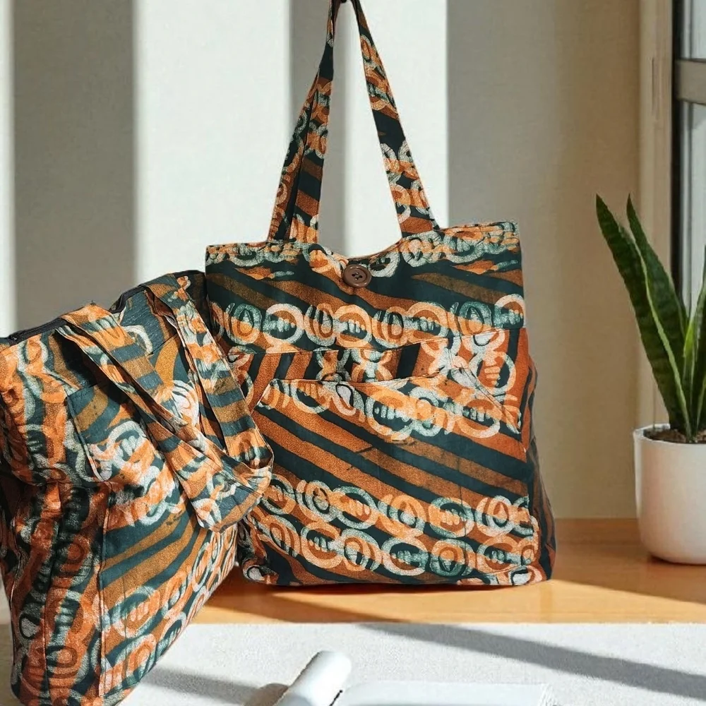 Chic Green and Brown Tote with Retro Pattern